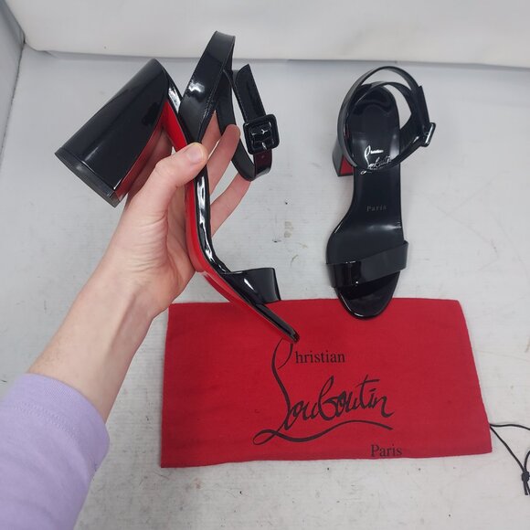 CHRISTIAN LOUBOUTIN Miss Sabina Black Ankle Strap Block Heel Sandal - Picture 1 of 11